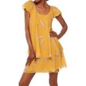 KZ By Karen Zambos Feather Print Layered Mini Dress Scoop Neck Yellow Medium